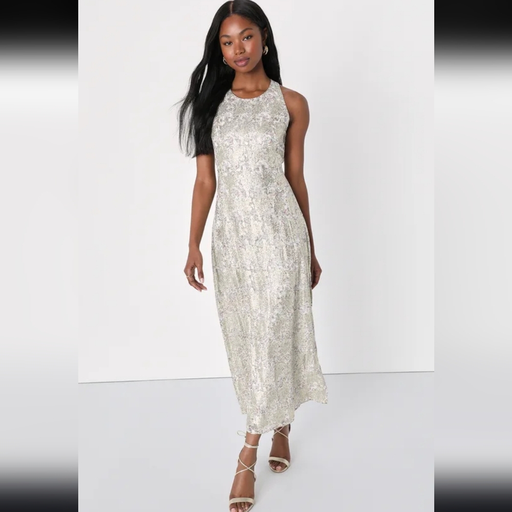 Lulu's White And Gold Floral Tie-back Midi Dress